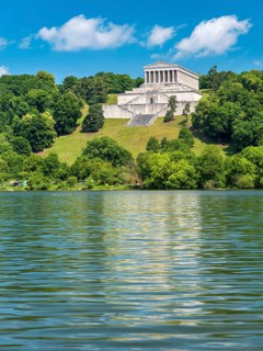 View across the Danube River to the Walhalla Memorial on the Bräuberg, Donaustauf, Upper