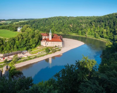 View of the Danube and Weltenburg Abbey at the Danube Breakthrough, Danube Valley near Kelheim,