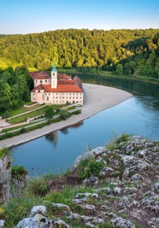 View of the Danube and Weltenburg Abbey at the Danube Breakthrough, Danube Valley near Kelheim,