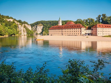 View across the Danube to Weltenburg Abbey at Danube Breakthrough, Danube Valley near Kelheim,