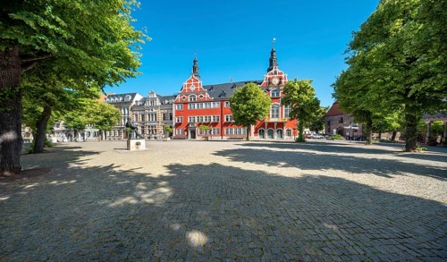 The market square with the town hall in Arnstadt, Thuringia, Germany