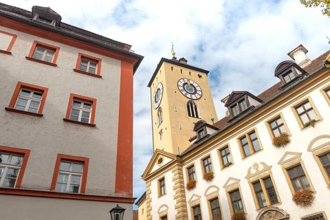 Regensburg, Germany. October 7th 2024 Regensburg clock tower and beautiful medieval architecture of