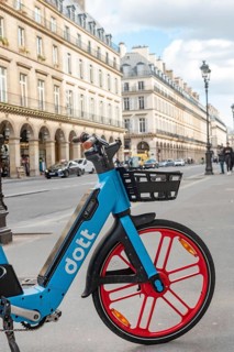 Paris, France. September 11th 2024 Dott electric E-Bike parked on a Paris pavement, micro mobility