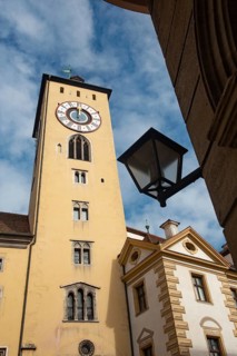 Regensburg, Germany. October 7th 2024 Regensburg clock tower and beautiful medieval architecture of