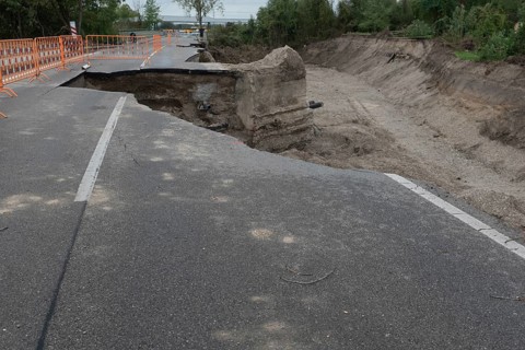 Flood damaged road subsidence in Lower Austria near the River Danube, Storm Boris caused extensive