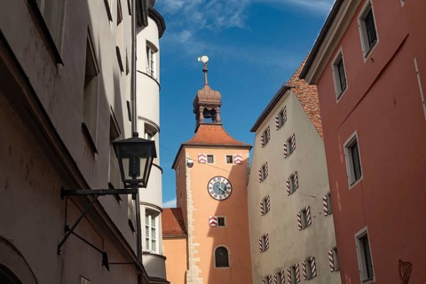 Regensburg, Germany. October 7th 2024 Regensburg Clock Tower at the entrance of the Stone Bridge,