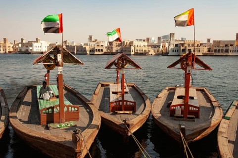 Dubai, United Arab Emirates. July 1st 2019 Traditional local water taxis moored at the harbour of