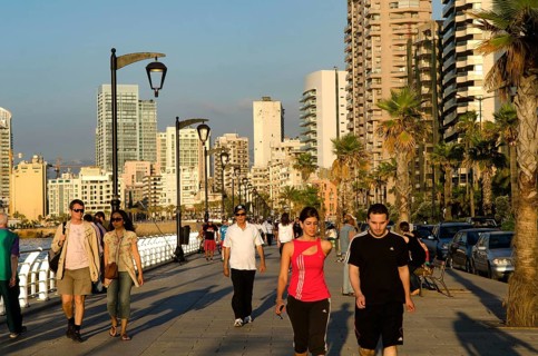 Beirut, Lebanon. May 29th 2012. Beirut Corniche a palm lined promenade beside the Mediterranean