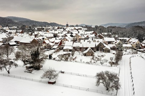 Snowy village with half-timbered houses and gardens under a grey sky, Herleshausen in northern