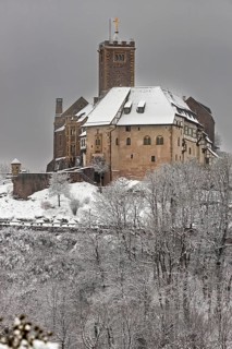 Close-up of a castle in winter, snow-covered trees in the foreground, The Wartburg near Eisenach in