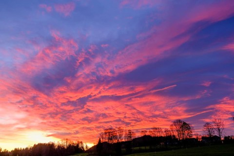 Sunrise, glowing sky, atmosphere, Bad Heilbrunn, Upper Bavaria, Bavaria, Germany