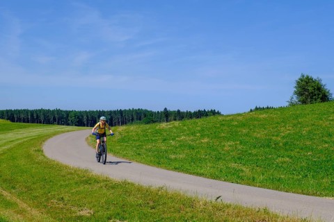 Cyclists near Diepolshofen, Upper Swabia, Swabia, Baden-Württemberg, Germany