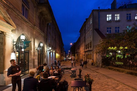 Evening in the old town district of Lviv, Ukraine