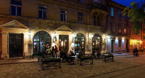 Evening in the old town district of Lviv, Ukraine