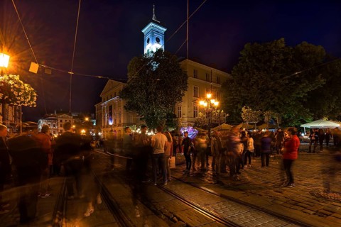 Nightlife in Old Town Quarter, Young People Meeting, Lviv, Ukraine