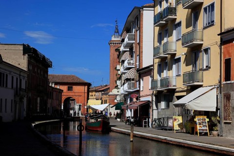 Old town with canal in the lagoon town of Comacchio in Emilia-Romagna, Ferrara province, Italy