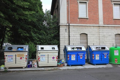 Waste separation, various dumpsters, Brescello, Emilia-Romagna, Italy
