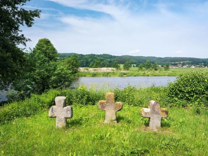 Group of three medieval stone crosses on the banks of the river Naab, Sühnekreuz, Mordkreuz, near