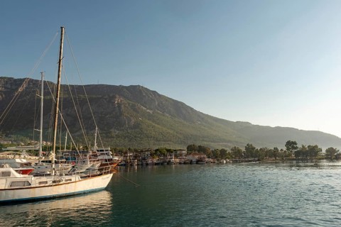 Akyaka, Mugla, Turkey. September 8th 2022 Boats moored in the beautiful harbour at the entrance to