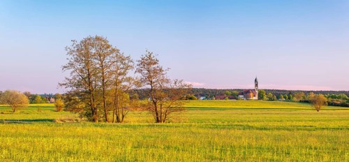 Meadow landscape in the Altmühltal, behind Großenried with the church of St. Lawrence, Middle