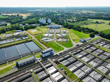 Dinslaken, North Rhine-Westphalia, Germany - Emscher-Eündung sewage treatment plant. The