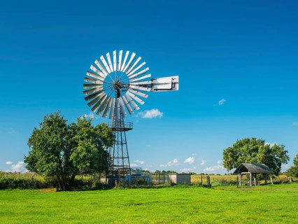 Historic Pumping Plant with Wind Turbine near Middelhagen, Mönchgut Peninsula, Rügen Island,