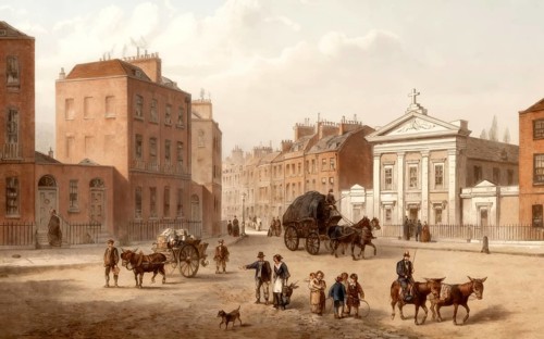 Clarendon Square, with The Polygon on left and St Aloysius Chapel on right, 1850, Somers Town, 19th