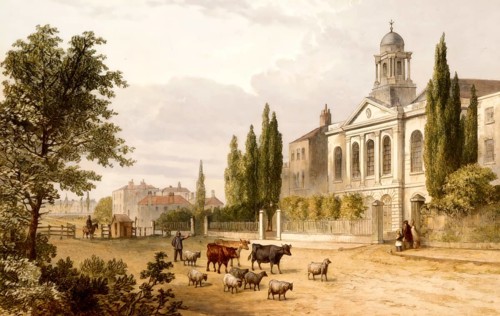 Turnpike in Hampstead Road in 1820, St. James Church, 19th century, London, England, United Kingdom