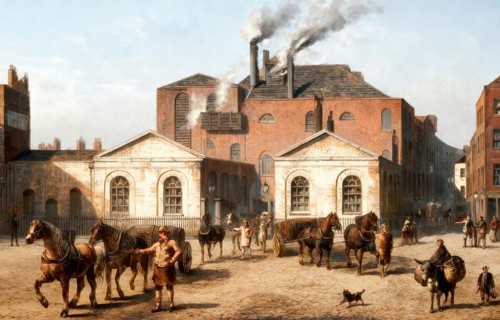 London street scene, Meux's Horse Shoe brewery, Tottenham Court Road in 1830, an English brewery in