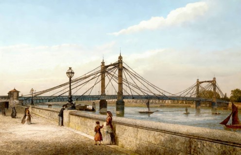 The Albert Bridge over the River Thames, 1880, West London, England, United Kingdom