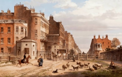 Street scene at Tyburn Turnpike, 1820, view of the entrance of Oxford Street, London, England,