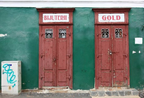 Closed doors of a jewelry store in the old town of Sibiu, Sibiu, in Transylvania, jewelry and gold,
