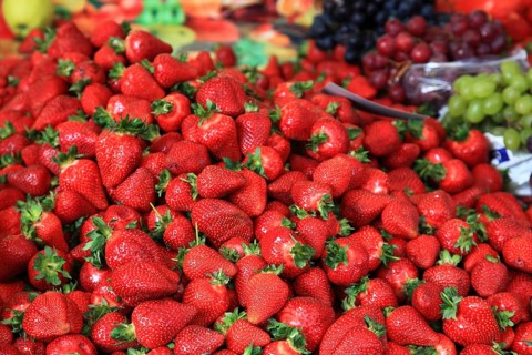 Ripe strawberries at the weekly market market in the old town of Sibiu, Sibiu, in Transylvania,