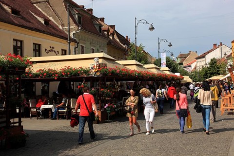 Pedestrian zone, in the old town of Sibiu, Sibiu, Transylvania, Romania