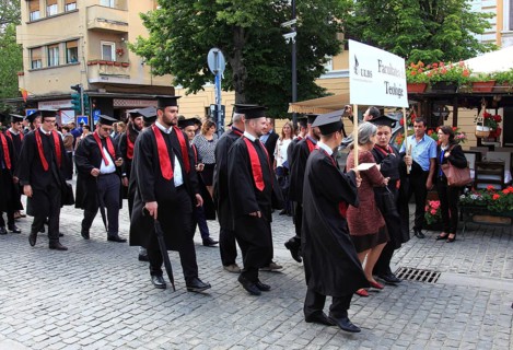 Romania, students from the Faculty of Sciences at a graduation parade in the old town of Sibiu,