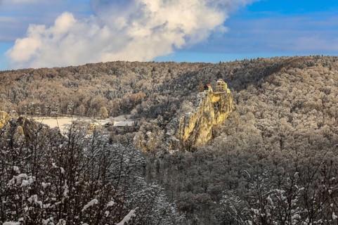 A castle perched on a snow-covered rock surrounded by a thick snowy forest under a blue sky,