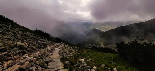 A lonely stone path in a foggy mountain landscape at dusk, hiking in the High Tatras National Park,