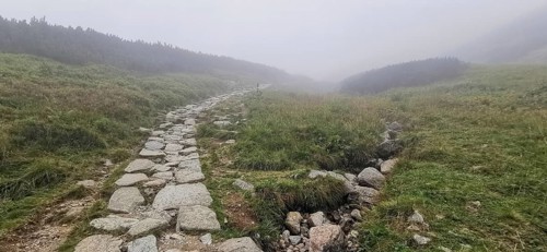 Rocky hiking trail through hilly, foggy landscape, Zakopane, hike to Kasprowy Wierch in the High
