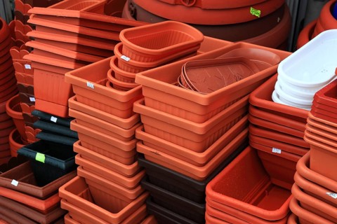 Craft market and nursery, plastic flower boxes, flower pots, flower pots