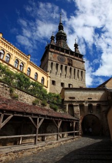 Romania, hour tower in the historic old town of Sighisoara, German Sighisoara, town in Mures