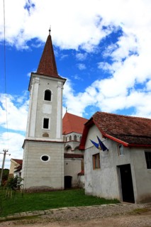 Romania, church tower of the fortified church in the village of Klosdorf, Romanian Cloasterf,