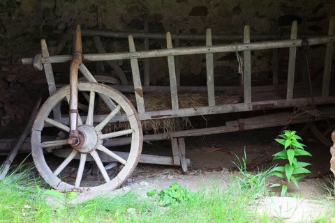 Old wooden ladder truck in a farm museum in Viscri, Transylvania, Romania