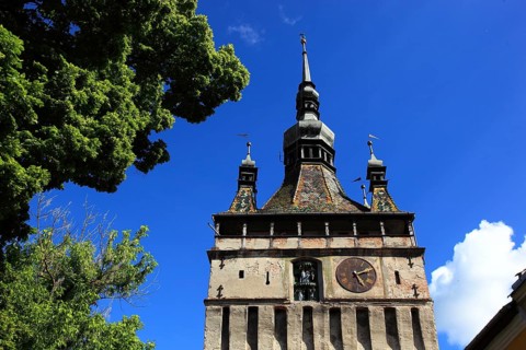 Romania, hour tower in the historic old town of Sighisoara, German Sighisoara, town in Mures
