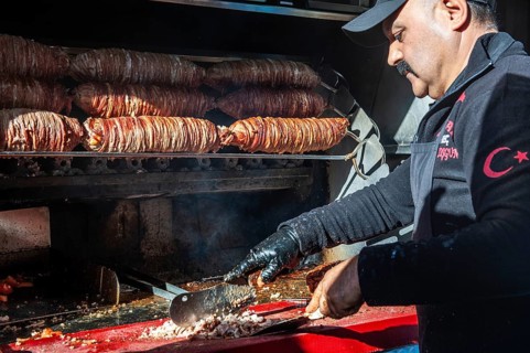 Istanbul, Turkey. December 26th 2018 Kokoreç is a traditional Turkish street food, made from small