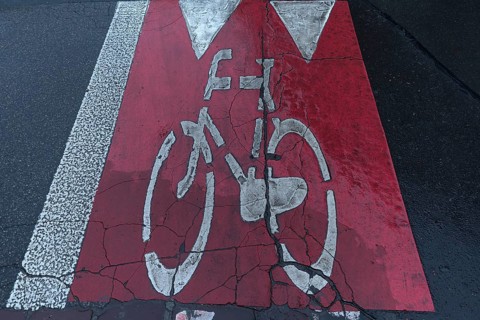 Red marked bicycle path, Krakow, Poland