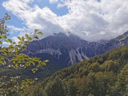 Cloudy mountain peaks with autumn leaves in the foreground under cloudy sky, Peaks of the Balkans,