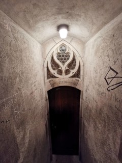 Stone staircase in an old building leading to a decorated door with graffiti on the walls, Ulm