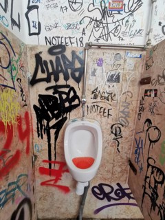 Close-up of a urinal in a graffiti-covered toilet room, Lisbon, Portugal