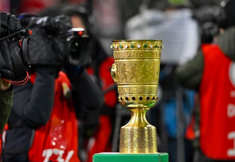 Cup on podium, TV camera, soccer Bundesliga, DFB-Pokal, Allianz Arena, Munich, Bayern, Germany