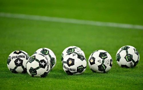 Adidas Derbystar game balls special edition, lying on grass, soccer Bundesliga, DFB-Pokal, Allianz